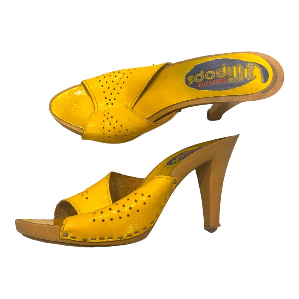 vintage 70s Cambridge lollipops wooden heel yellow leather slides